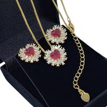 Colar Pingente Brincos Coração Vermelho Cravejados Zirconias Banho De Ouro 18k 4628 Colar Pingente Brincos Coração Vermelho Cravejados Zirconias Banho De Ouro 18k 4628