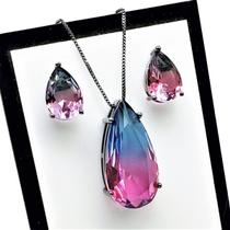 Colar Pingente Brincos Rainbow Ródio Negro 4590