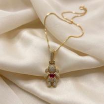 Colar Pingente cravejado coração central rosa pink menina banhado a ouro 18k