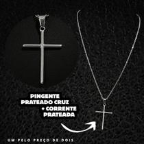 Colar + Pingente Cruz com Corrente Prateada em Aço Inox Unissex Combo Estilo Premium