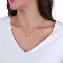 Colar Pingente Cruz Grande Cravejada de Zircônia Cristal Banhada a Ouro 18K