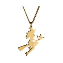 Colar Pingente De Vassoura Mágica Voadora De Gato Bruxa Em Aço Inoxidável Joia Wicca De Halloween