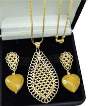 Colar Pingente E Brincos Coração Pedra Jade Natural Banho De Ouro 18k 3598B