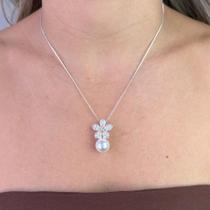 Colar Pingente Flor Zircônias Pérola Grande Banhado em Prata 925 Colar Pingente Flor Zircônias Pérola Grande Banhado em Prata 925