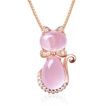 Colar Pingente Gato De Zircônia Rosa