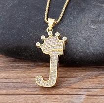 Colar Pingente Inicial Dourado Strass Nome Brilhante Coroa