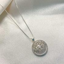 Colar pingente mandala Árvore da Vida base e lateral cravejada cristal 2cm banhado a Prata