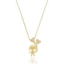 Colar Pingente Menina com Balão Coração Pequenos Micro Zircônias Cristal Banhado a Ouro 18K