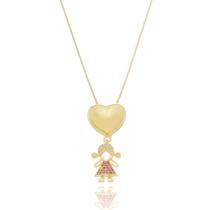 Colar pingente Menina de Vestido com Micro Zircônia Rosa Balão Gordinho Liso Banhado a Ouro 18K