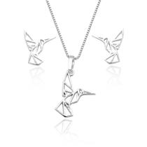 Colar Pingente Par Brinco Beija Flor Origami Prata Original