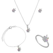 Colar Pingente Pulseira Brinco Anel Zirconia Prata Unicornio