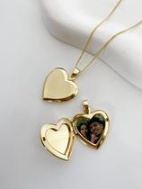 Colar Pingente relicário coração liso personalizado a laser com foto dentro Ouro Colar Pingente relicário coração liso personalizado a laser com foto dentro Ouro