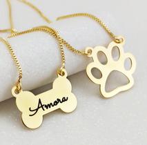 Colar Plaquinha Osso e Patinha com 1 Nome Pet Personalizados Folheadas a Ouro 18k Colar Plaquinha Osso e Patinha com 1 Nome Pet Personalizados Folheadas a Ouro 18k
