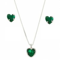 Colar Prata 925 Feminino 40cm Pingente Coração Brinco Verde Colar Prata 925 Feminino 40cm Pingente Coração Brinco Verde