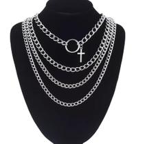 Colar Prateado 4 Peças Punk Conjunto Correntes Cruz Y1345