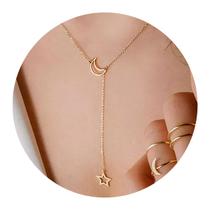 Colar Prateado Feminino Gargantilha Estrela E Lua Moda Hipie -