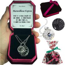 Colar Presente Aniversário Esposa Conjunto Brincos Pingente Anel + Caixinha Veludo Luxo Exclusiva + Dedicatória