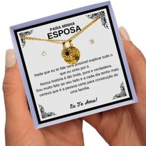 Colar Presente Aniversário Esposa Conjunto Retângulo Brincos Pingente Anel + Caixinha Dedicatória