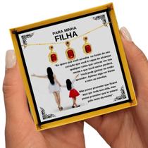 Colar Presente Aniversário Filha Mãe Pai Viking Conjunto Retângulo Vermelho Pingente Brincos Anel + Dedicatória