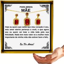 Colar Presente Aniversário Mãe Dia Das Mães Conjunto Retângulo Vermelho Pingente Brincos Anel + Linda Dedicatória