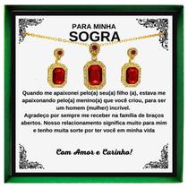 Colar Presente Aniversário Sogra Conjunto Retângulo Vermelho + Brincos + Pingente + Anel + Caixinha Dedicatória