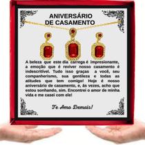 Colar Presente Esposa Aniversário Casamento Conjunto Pingente Brincos Anel Retângulo Vermelho + Linda Dedicatória