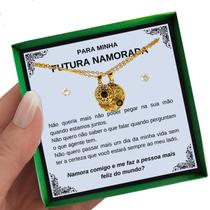 Colar Presente Pedido Namoro Futura Namorada Conjunto Pingente Brincos Anel Retângulo Vermelho + Linda Dedicatória