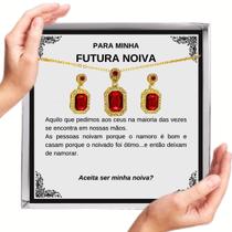 Colar Presente Pedido Noivado Futura Noiva Conjunto Pingente Brincos Anel Retângulo Vermelho + Linda Dedicatória