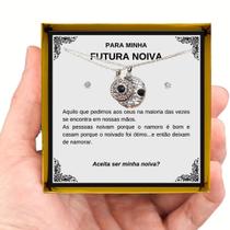 Colar Presente Pedido Noivado Futura Noiva Conjunto Pingente Brincos Anel Retângulo Vermelho + Linda Dedicatória