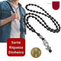 Colar Preto E Prata Riqueza Feng Shui Pixiu Amuleto Sorte