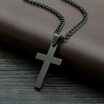 Colar Preto Fosco Cruz Corrente Aço Inoxidável