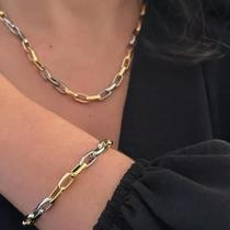 Colar + Pulseira Feminino Elo Dourado Banho Prata Ouro