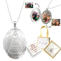 Colar Relicário 2 fotos Nossa Sra Aparecida 60cm fé prata Colar Relicário 2 fotos Nossa Sra Aparecida 60cm fé prata