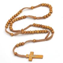 Colar Religioso Católico Rosário de Madeira Natural 40cm com Cruz e Contas 8mm Unissex
