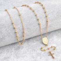 Colar Religioso de Contas em Aço Dourado com Pingente de Cruz e Medalha das Graças Pronta Entrega Colar Religioso de Contas em Aço Dourado com Pingente de Cruz e Medalha das Graças Pronta Entrega