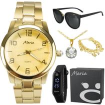 Colar + relogio feminino banhado caixa led moda casual strass original social qualidade premium