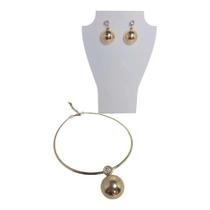 COLAR RIGIDO COM PINGENTE MEIA BOLA + PAR DE BRINCO Dourado