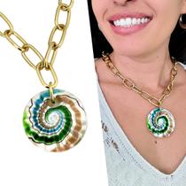 Colar Semijoia Corrente Elos Pingente Murano Mesclado Verde Colar Semijoia Corrente Elos Pingente Murano Mesclado Verde