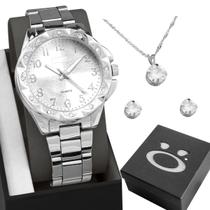 colar strass brincos + relogio prata feminino aço + caixa qualidade premium social ponteiro presente