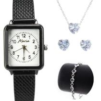 Colar Strass + Pulseira + Relogio Feminino Aço Inox Preto