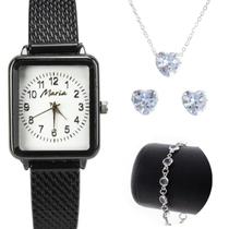 Colar strass + pulseira + relogio feminino aço inox preto quadrado presente delicado preto social