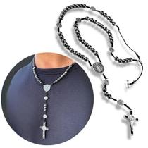 Colar Terço De Pescoço São Bento 56cm Pedra Hematita Devoção