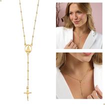Colar Terço Feminino Com Imagem De Nossa Senhora Aparecida Banhado À Ouro 18k Banho Antialérgico Marca Andréia Branco Acessórios