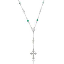 Colar Terço Feminino em Prata 925 com Zircônias Coloridas, Nossa Senhora das Graças e Cruz 45cm Colar Terço Feminino em Prata 925 com Zircônias Coloridas, Nossa Senhora das Graças e Cruz 45cm