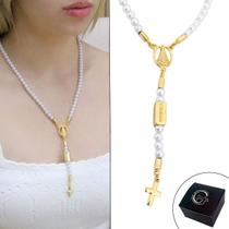 Colar Terço Feminino Pérolas Nossa Senhora Banhado a Ouro