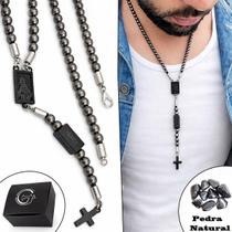 Colar Terço Masculino Grafite Pingente Fé Força Coragem Cruz