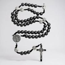 Colar Terço Masculino Hematita São Bento e Crucifixo Proteção e Fé