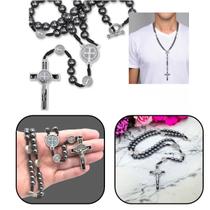 Colar terço masculino hematita são bento no cordão com cruz Colar terço masculino hematita são bento no cordão com cruz