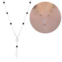 Colar terço nossa senhora pedras pretas prata 925 - banhado a ouro 18k com garantia