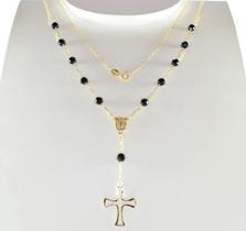 Colar Terço Ouro 18k 750 Com Pedras Ônix 4mm 45cm